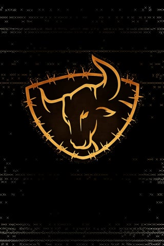 Orange neon outline of a bull head with curved horns inside a thorned shield