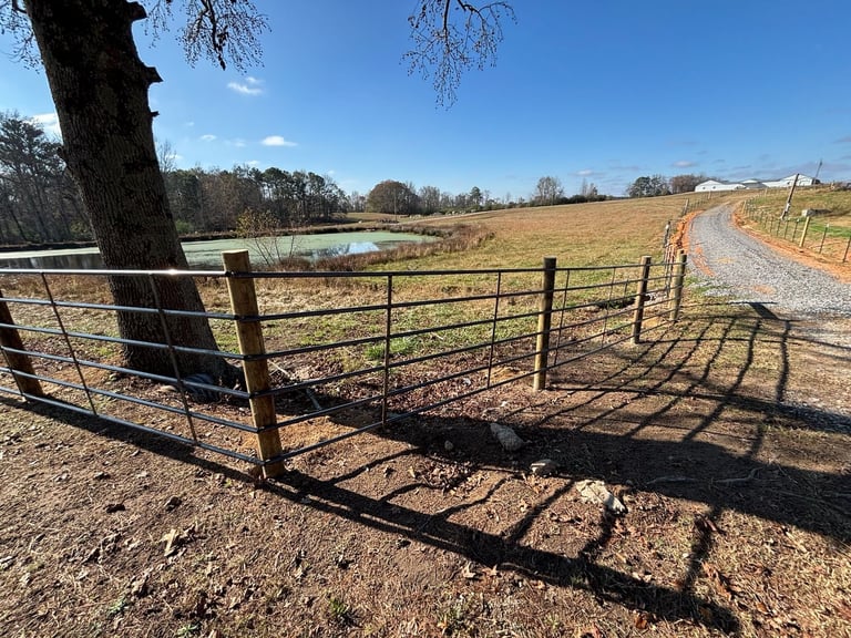 Metal farm gate and fencing along dirt road through open field under blue sky