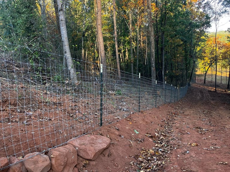 Metal wire fence enclosing wooded area with autumn trees and stone anchors