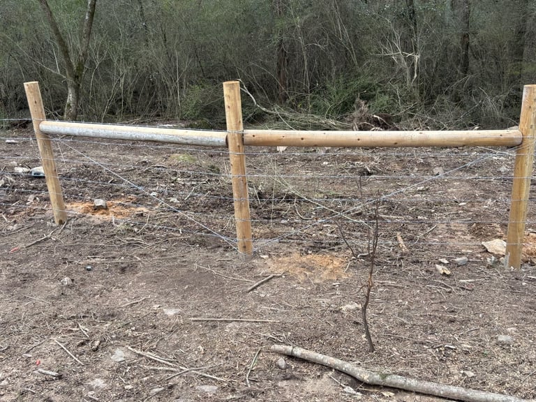 Rustic wooden fence made of logs and posts on bare ground with bare trees