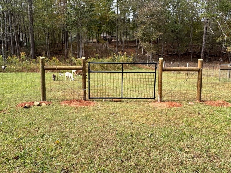 Farm gate with black metal mesh panel flanked by wooden posts on grassy field with forest background